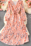 Autumn Women Floral Chiffon Midi Dress Vintage V-Neck Flare Long Sleeve High Waist A-Line Vestidos Female New