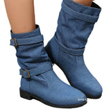 The Autumn And Winter Of 2025, The Belt Buckle Round Head Thick Bottom Mid-Sleet Boots Women Flat Bottom Low Heel