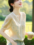 Small Fresh Short Sleeve Chiffon Shirt Women's Summer 2025 New Temperament Elegant Printed Shirt V Collar