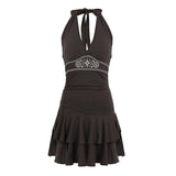 Style Retro Embroidery Patterned Waist Dress Sexy Deep V-Neck Hanging Neck High-Waisted Lotus Leaf Side