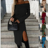 Zingj Hot Style Autumn And Winter New Long Sleeve Solid Color One Word Collar Slit Dress