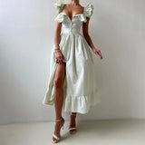 Temperament Commuting Style Leaf Side Striped Dress Women's Summer Senior Neck Cuff Double Design Women's