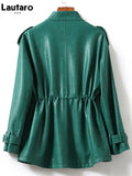 Spring Autumn Luxury Green Black Beige Leather Jacket Women with Drop Shoulder Long Sleeve Drawstring Pockets