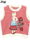 Knit Vest Sweater Women Fashion 2023 Spring Casual Vintage Pullovers O-Neck Cute Cartoon Rabbit Print Streetwear