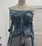 Old-Fashioned Green Shoulder Horn Sleeve Blouse Dye Net Yarn Lace Draw Rope Short T-Shirt