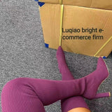 Autumn And Winter Sharp Head Thick And Knitted Knee Boots Woman 43 Large Elastic Long