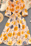 Women Flower Printed Midi Dress Spring Autumn Elegant V-Neck Slim Vestidos Casual High Waist A-Line Bohemian Robe
