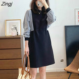 Dress Women Vintage Chic Ulzzang Simple Patchwork Long Sleeve Ladies Fashion Spring Loose Lovely Girls Vestido new