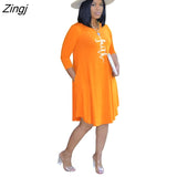 Faith Letter Print Dresses For Women Pocket O-neck Three Quarter Sleeve Dress 2023 Female Summer Autumn