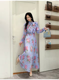 2025 New Long-Sleeved Heavyweight Bow Long Print Chiffon Sweet Dress Seaside