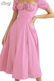 off shoulder pink women summer long dress Puff short sleeve slash neck solid a-line split beach party sundress
