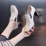 Heel Single Shoes Women's New High-Heeled Shoes British Wind Head Deep Mouth Small Leather Shoes Square Women's Shoes Black Low-Top