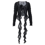 Zingj Hot Style Wood Ear Lace V Neck Gauze Fold Perspective Cardigan Long Sleeve