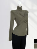 Zingj Turtleneck Bottom Shirt Women's Spring Dress Women's New Top Cross Fold Tight With A Long-Sleeved