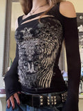 Retro Wing Prints Long Sleeves Fill In The Women's 2025 Street Personality Out-Shoulder New Top