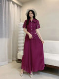 French-Style Suit Women's Fashion Collar Short-Sleeved Waist Top + High-Waisted 100-Folded Skirt Two-Set