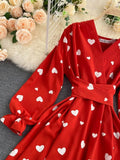 Women Red/Yellow/Green Printed Midi Dress Vintage V-Neck Flare Long Sleeve High Waist A-Line Vacation Bandage Vestido