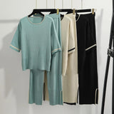 Summer Women's Clothing Age Reduction Ocean Casual Loose Fashion Set Short-Sleeved Knitted Jersey Broad Leg Pants Two