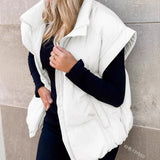 New Women's Solid Color Zipper Pocket Cotton Vest Fashion Collar Temperament Commuting