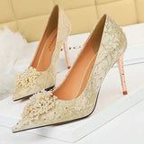 Shoes Pearl Flowers Woman Pumps Rhinestone High Heels 2022 New Luxurious Women Heels Stiletto Large Size Ladies