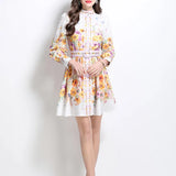 Elegant High-End Dress Woman 2025 New Collar Lantern Sleeve Buckle Waist Print
