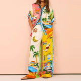 Women's Clothing Printing Color Loose Waist Pocket Broad Legs Casual Fashion Set Women's Two