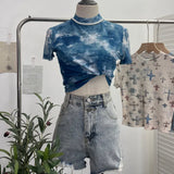 Shooting Retro Tie-Dye Double-Layer Mesh Half-High-Neck Short-Sleeved T-Shirt T-Shirt Short-Sleeved T-Shirted Woman