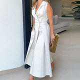 Zingj 2024 New V-Neck Sleeveless Solid Color Lapel Pleated Long Temperament Dress Female-Outfit