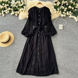 And Autumn New French Retro Hollow Hook Lace Spliced Lantern Sleeve Dress Strapped Waist Temperament