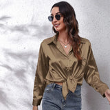 Fashion Button Up Satin Silk Shirt Youth Woman Blouses Cheap and Pretty Blouses Satin Luxury Shirt OL Female