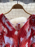 Vintage Women Printed Pleated Long Dress Elegant V-Neck Short Sleeve Ruffle Maxi Vestidos Female Beach Draped Robe