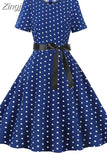 White Polka Dot Vintage Dress Summer Women Floral Print Short Sleeve Retro Robe Rockabilly Dresses Party
