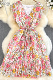 Vintage Floral Printed Pleated Dress Women Elegant V-Neck Sleeveless High Waist Draped Vacation Beach Vestidos Female