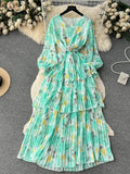 Autumn Women Floral Ruffle Long Dress Bohemian Vacation Beach Maxi Robe Female Elegant V-Neck Lantern Sleeve Robe