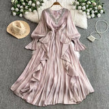 High-End Elegant Dress Women Fashion Heavy Industry Embroidery Stender V Collar Waist Temperament Court Style Long