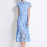High-End Heavy Industry Hollow Water-Soluble Lace Collar Dress Female Summer Temperament Elegant Fishtail Dress