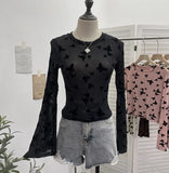 Real Shooting Spice Girl Butterfly Shiny Shiny Mesh Yarn Long-Sleeved T-Shirt Horn Sleeve Short Repair Body Jacket