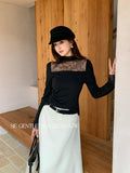 Xixi 2025 Autumn New White Standard Korean Long-Sleeved Lace Knitted Woolen Women