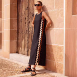 Zingj Spring And Summer Leisure Fashion Round Collar Vest Solid Color New Lace Splicing In The Long Dress