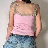 Lace Trim Printed Ribbed Crop Cami TopOutfit