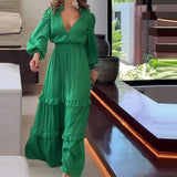 Zingj 2023 New Solid Color Deep V-Neck High Waist Tight Waist Design Long-Sleeved Dress-Outfit