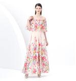 Spring New Holiday Style Printed Lotus Leaf Dress Women's Shoulder To Show Thin Spuny Chiffon