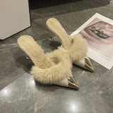 High And Slippers Women Wear Velvet New Pointed Half-Tug Korean Version Of The Tip Tip And High Heel