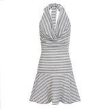 Women's Temperament Simple Pile Tie Stripe Bump Color Hanging Neck Tie Dress