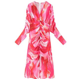 Women's Explosive Folded Print Long-Sleeved Dress With Thin Fashion