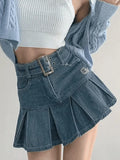 Buckle Belt Pleated Denim Mini Skirt- Outfit