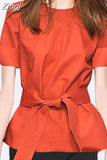 New Summer Shirt Women Tops Office Lady Short Sleeve Blouse O-neck Orange Shirts Fashion Lace-up Clothes Blusa Mujer