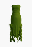flounce hem maxi dress with ruched