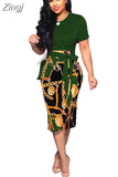 Women Elegant Office Midi Dresses Ladies Bodycon Print Short Sleeve Belt O-Neck Female Fashion Sexy Work Summer Pencil