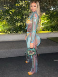 Dot Print Y2K Women Two Piece Set Long Sleeve O-Neck Skinny Elastic Tops+High Waist Wide Leg Pants Female